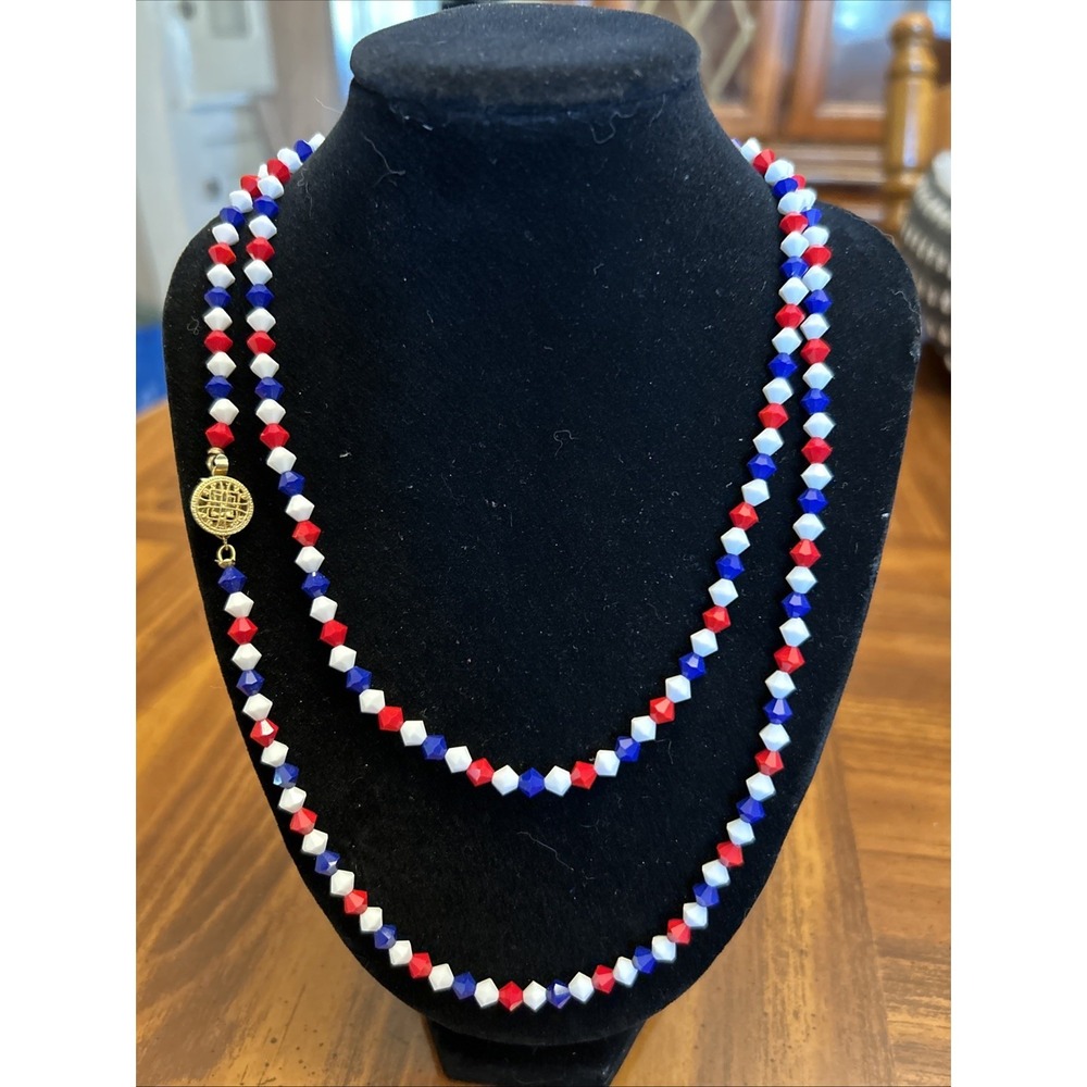 Vintage Red White‎ Blue Hard Beaded Long Necklace